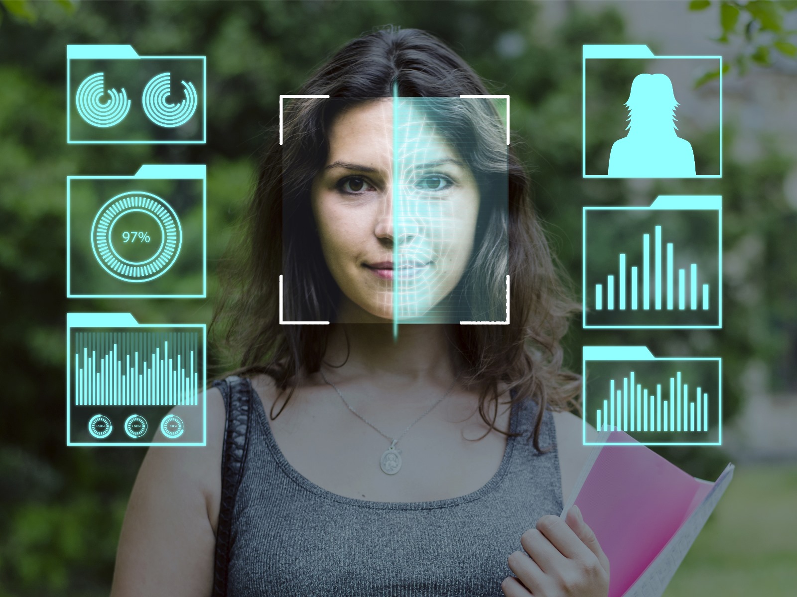 Momelino: Eine Frau mit einem digitalen Gesichtserkennungssystem, das Momelino KI-Technologie zeigt, um Daten zu analysieren.