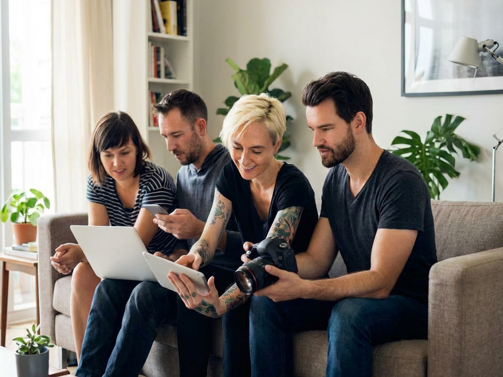 Zwei Paare auf einer Couch schauen auf Laptops Webseiten an