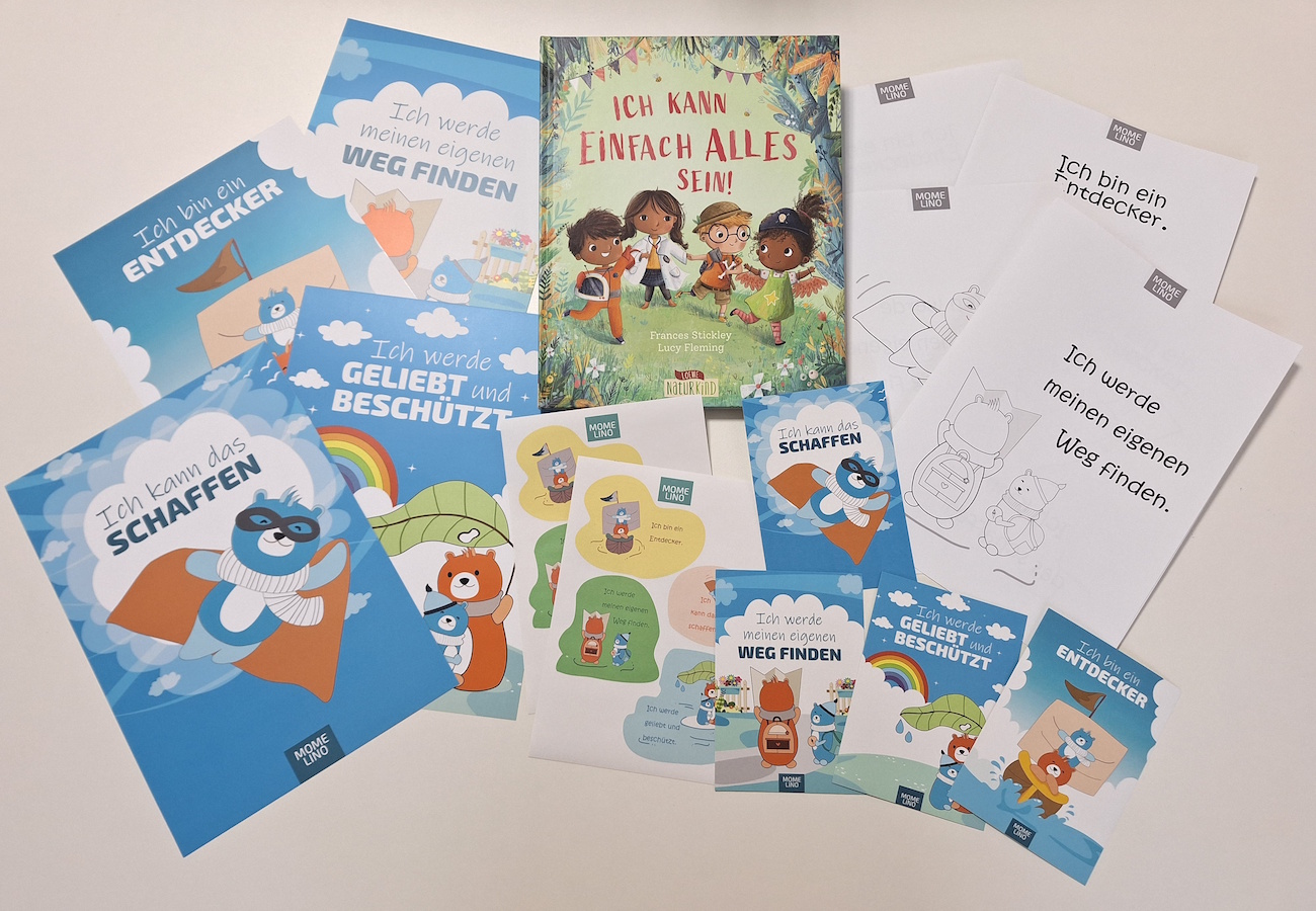 Momelino: Eine Sammlung von Materialien und dem Buch 'Ich kann einfach alles sein!' von Momelino, die Kinder ermutigen, ihren eigenen Weg zu finden.